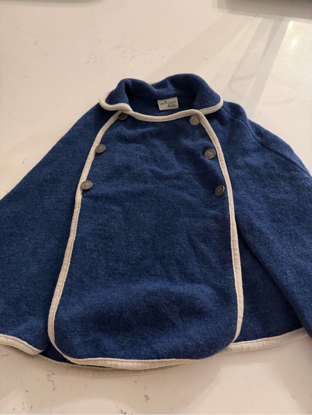 Marae Kids Navy Blue Wool Cape Jacket with Cream Trim